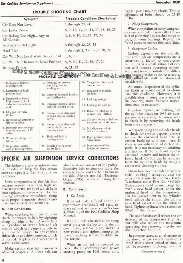 1959 Cadillac air suspension troubleshooting from the November Cadillac Serviceman.