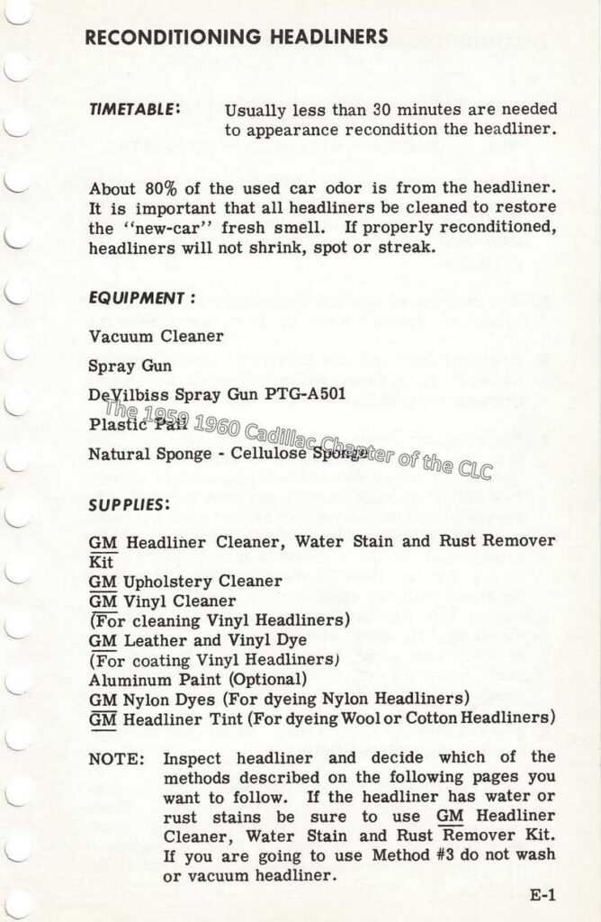 1960 Cadillac Dealer Reconditioning Manual - Headliner