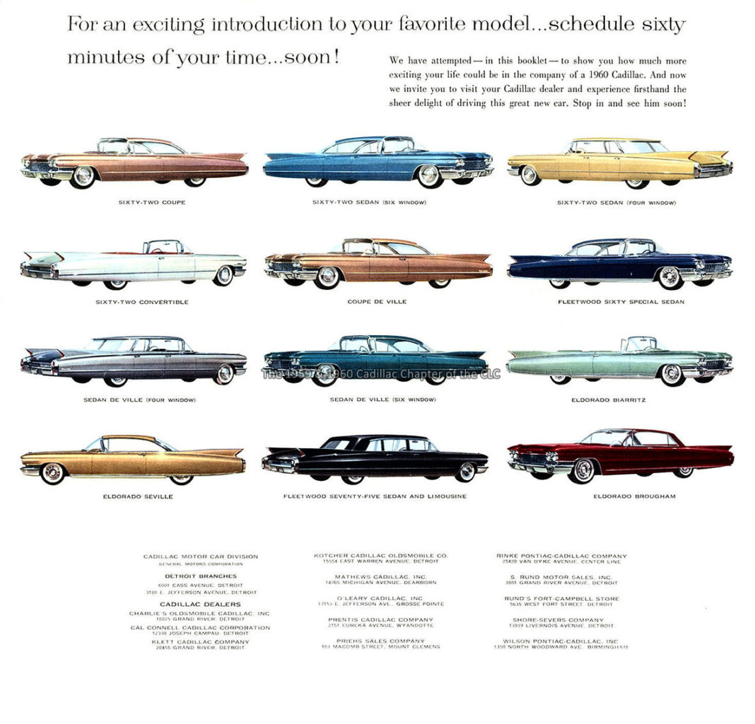 1960 Cadillac lineup and Detroit dealer listing